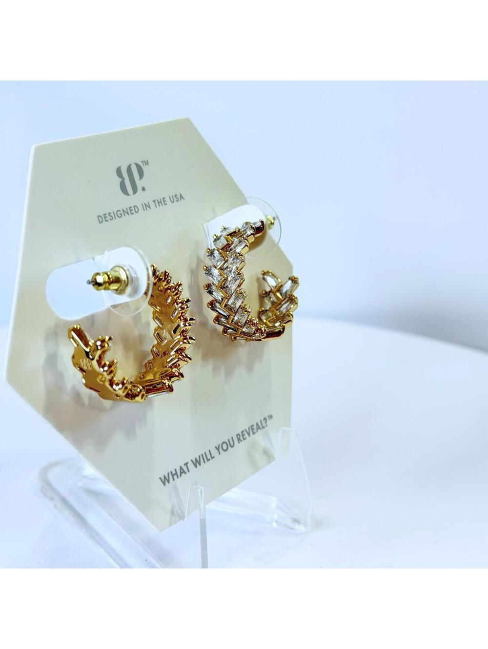 Bomb Party Earrings Hoops "The Carolina Earrings" Clear CZ On Gold Chevron
